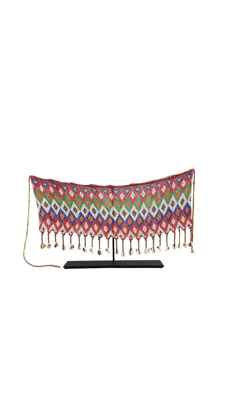 Rhythms of Color: Mounted Beaded Belt with Geometric Motifs and Cowrie Shells
