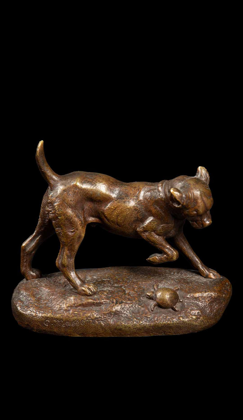 Late 19th Century Bronze Sculpture: Dog and Turtle Play by Clovis Edmond Masson