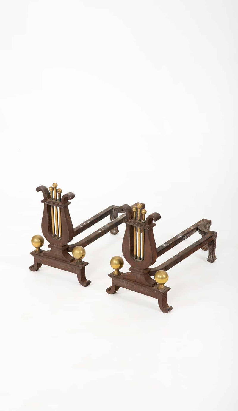 Music at the Hearth: Pair of 19th C Lyre Andirons