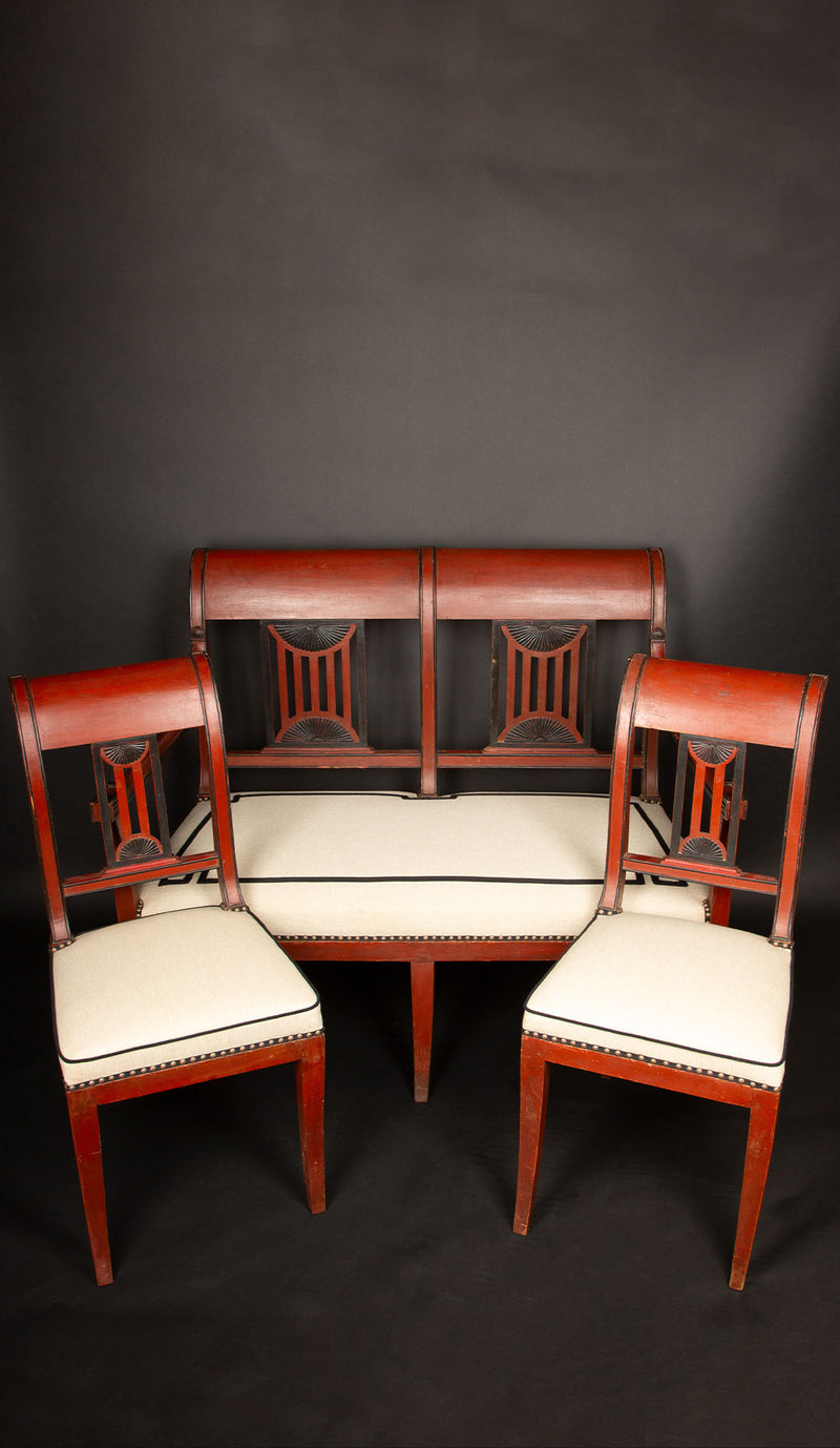 Directoire Period Oxblood Salon Suite w/ Saber Legs and Scrolled Backs, Late 18C