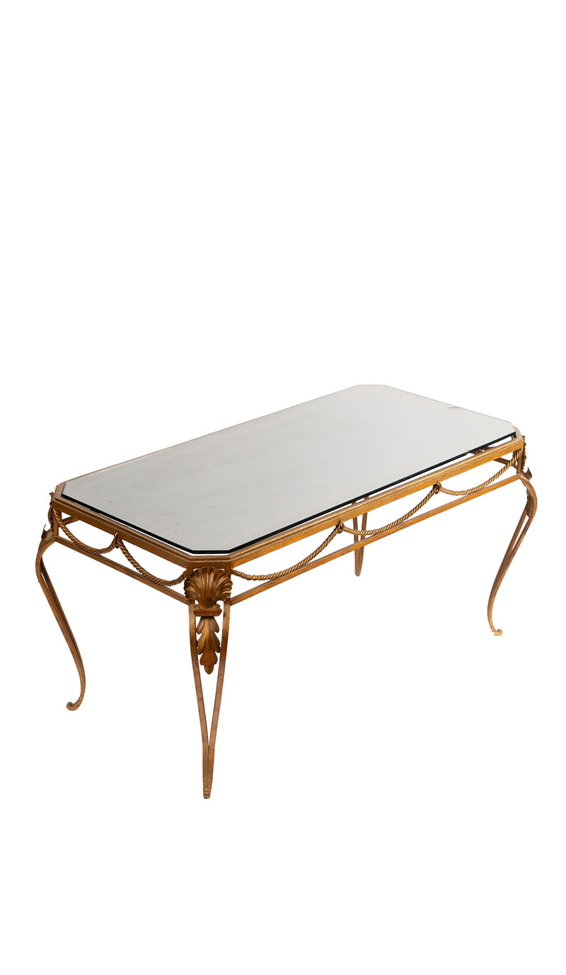 c. 1940 French Gilt Iron Coffee Table with Églomisé Glass Top