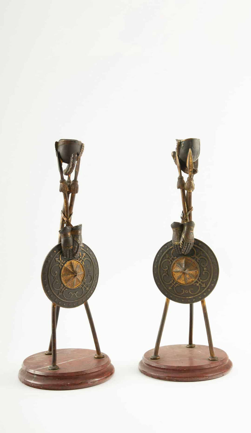 Pair of 19th-C French Bronze Tripod Candlesticks- Martial Motifs on Marble Bases