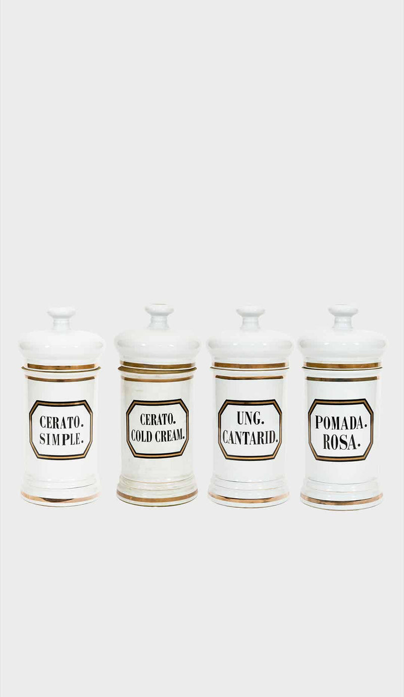 Set of Four Large 19th-Century Apothecary Jars, 18.5″ High, with Original Lids