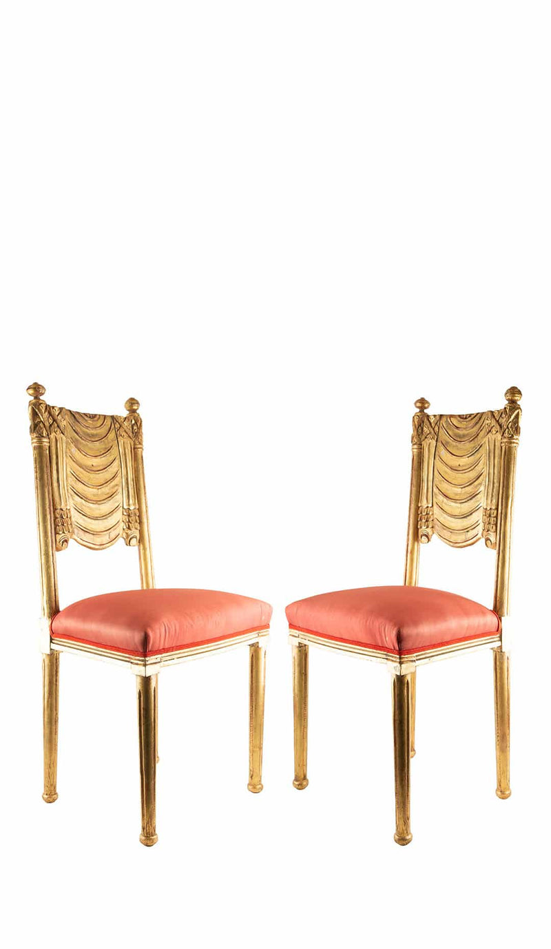 Pair of French Art Deco Gilt Chairs with Red Silk Upholstery