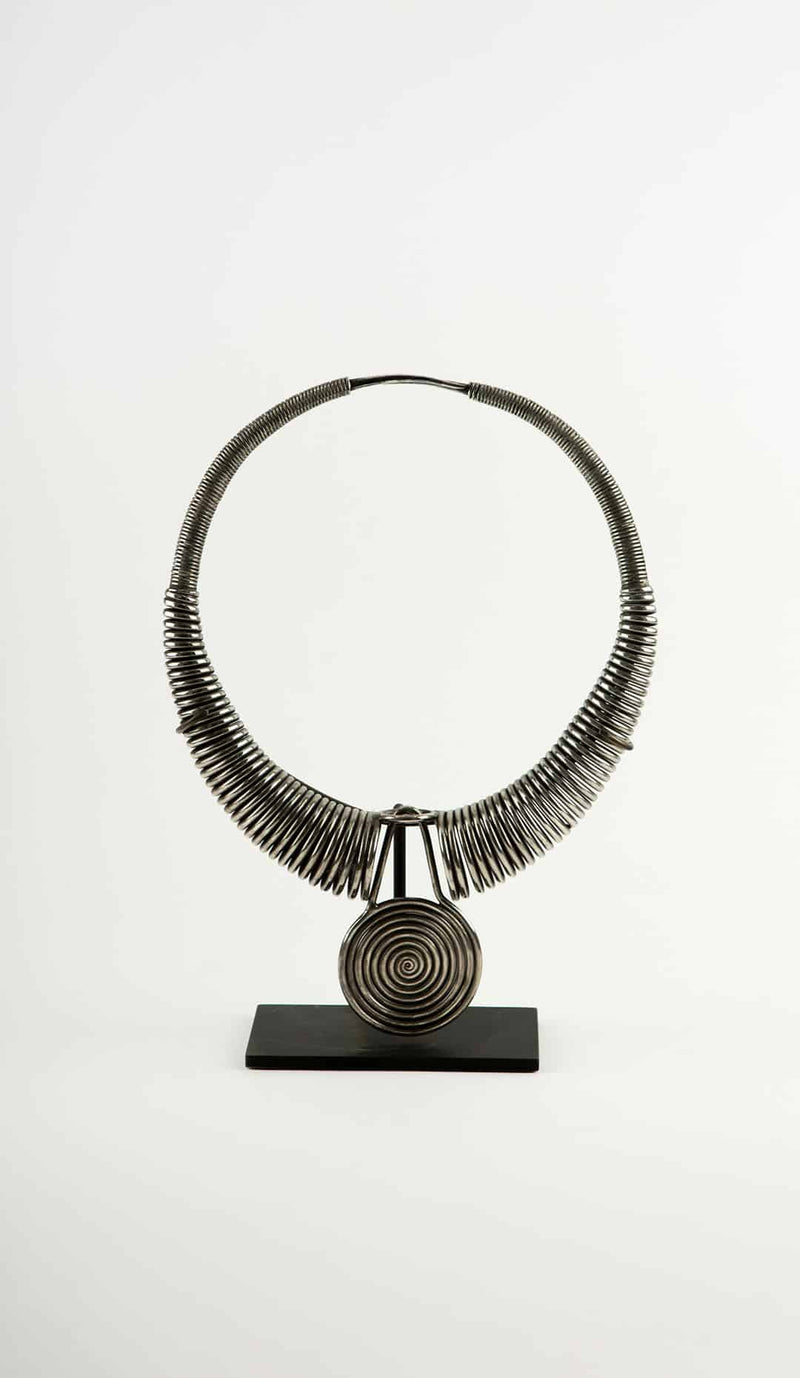 Miao Tribe Silver Necklace with Coiled Rings with Center Medallion