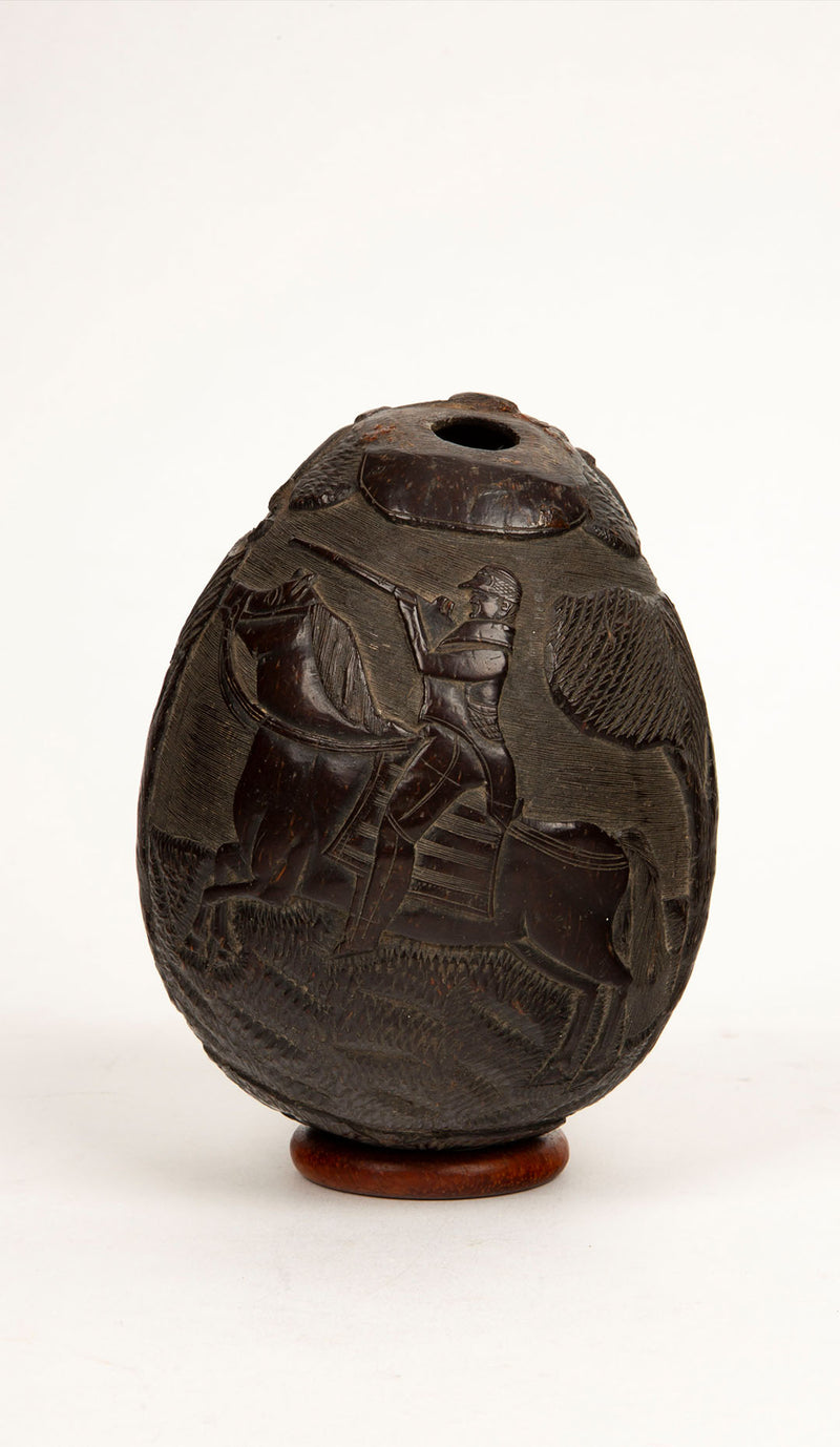 Hunting Tales: Rare 19th-Century French Colonial Carved Coconut Bugbear Flask
