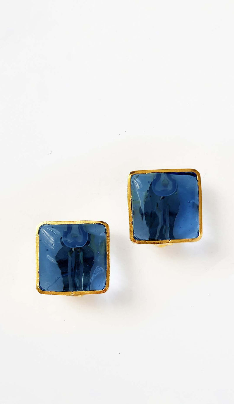 Pave Square Clip Earrings, Ocean