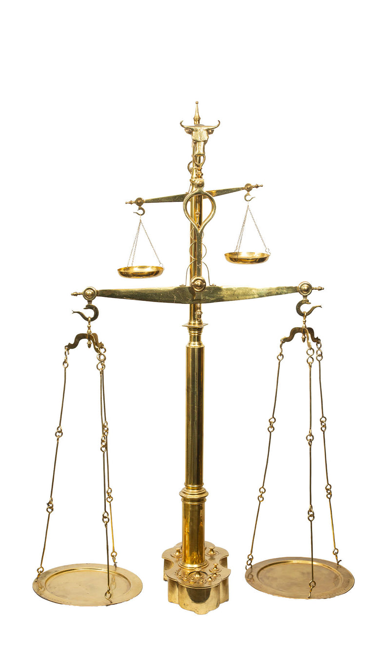 Monumental 19th C. French Brass Butcher's Balance Scale with Bull Head Finial