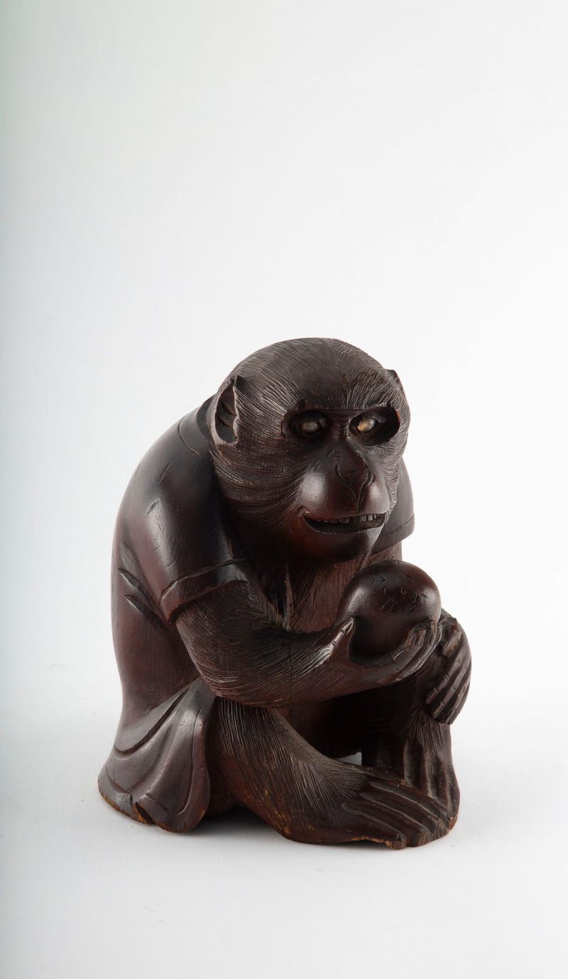 The Watchful Monkey: Early 20th Century Japanese Wood Carving of a Monkey