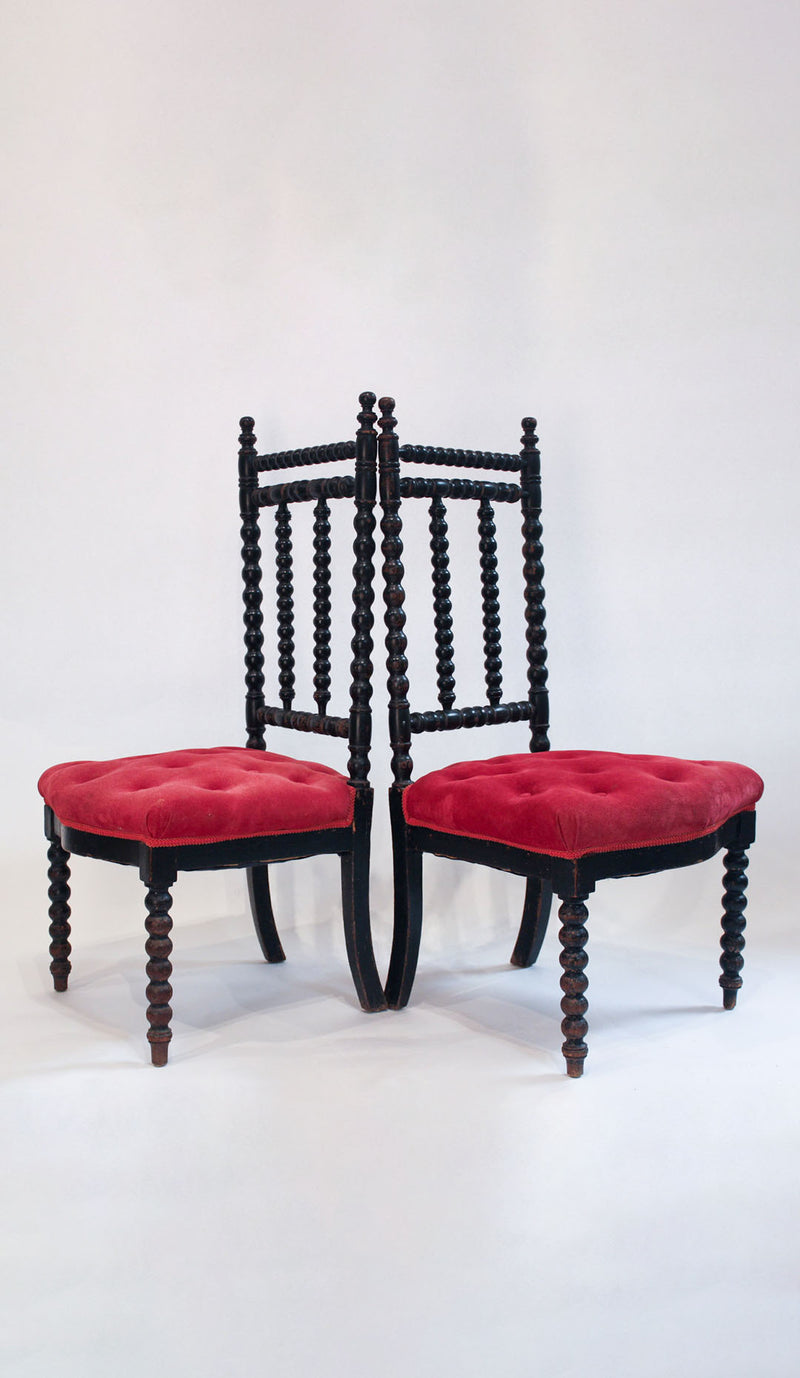 Pair of Napoleon III Ebonized Bobbin-Turned Chairs with Red Velvet Upholstery