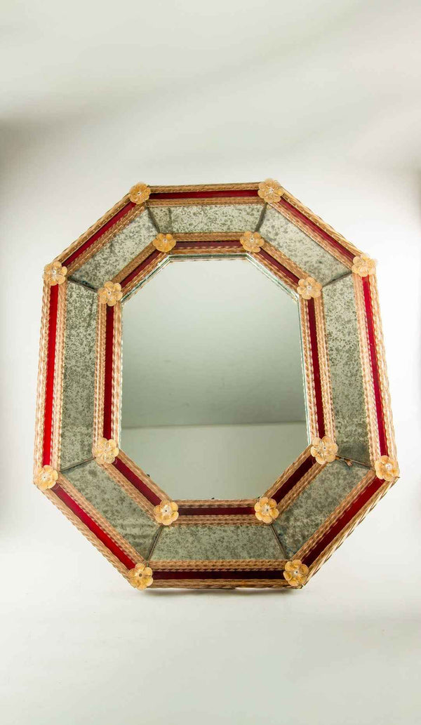 "Ruby Regatta" Venetian Octagonal Mirror with Murano Glass Rosettes