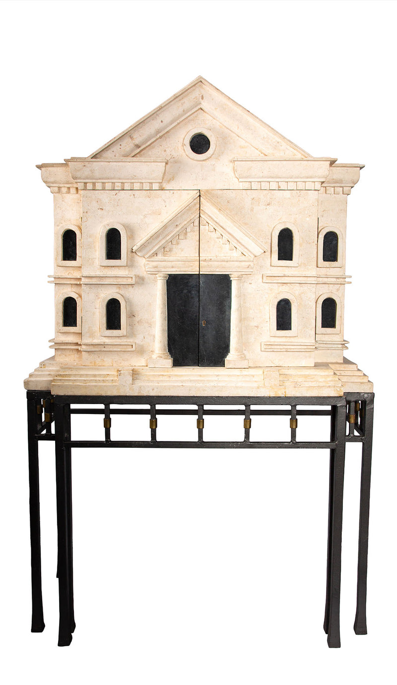 Monumental Fossil Stone and Black Marble Bar - Cabinet with Brass and Iron Base