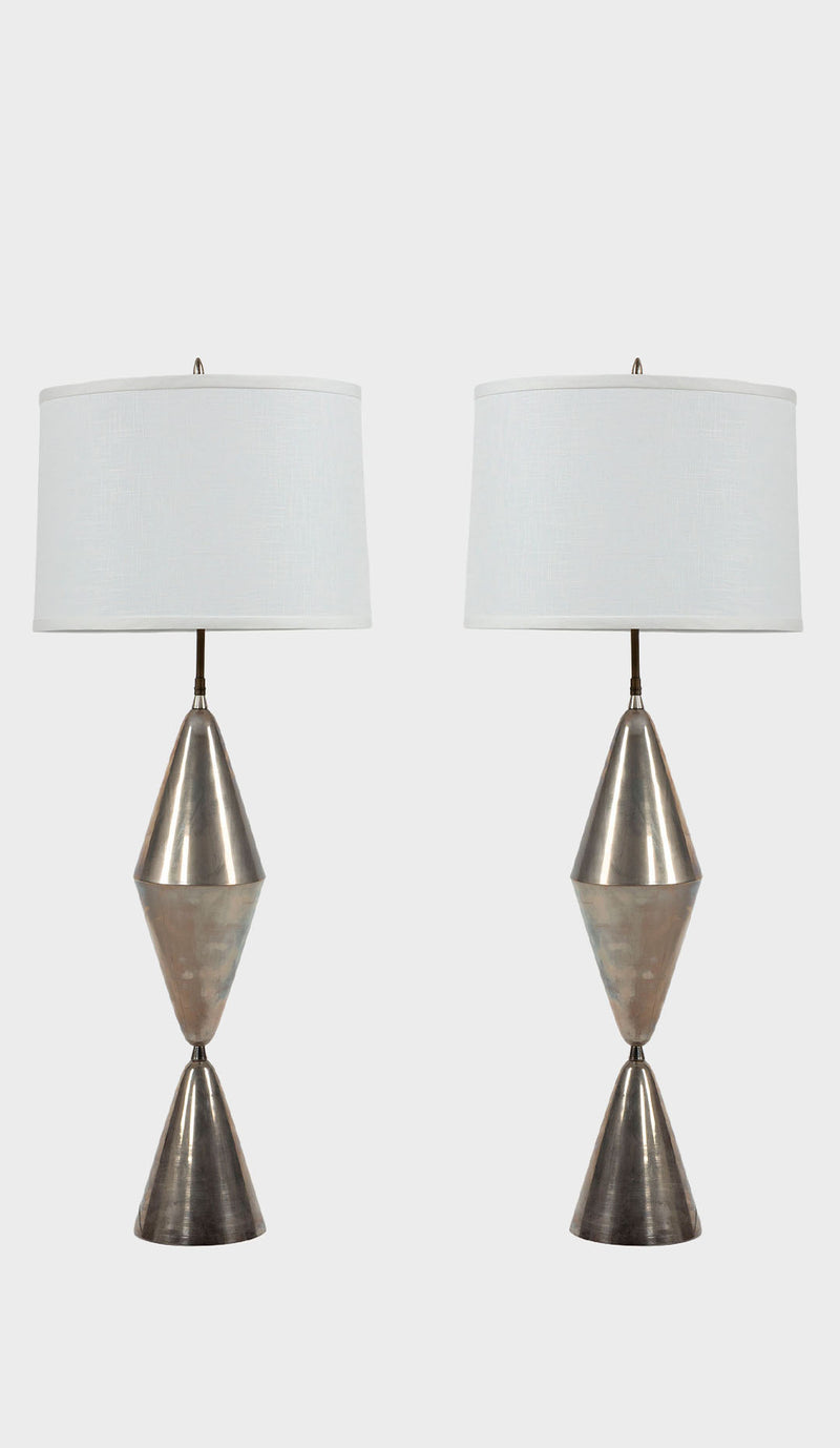 Minimalist Glow: Pair of Mid Century Geometric Silver Metal Lamps