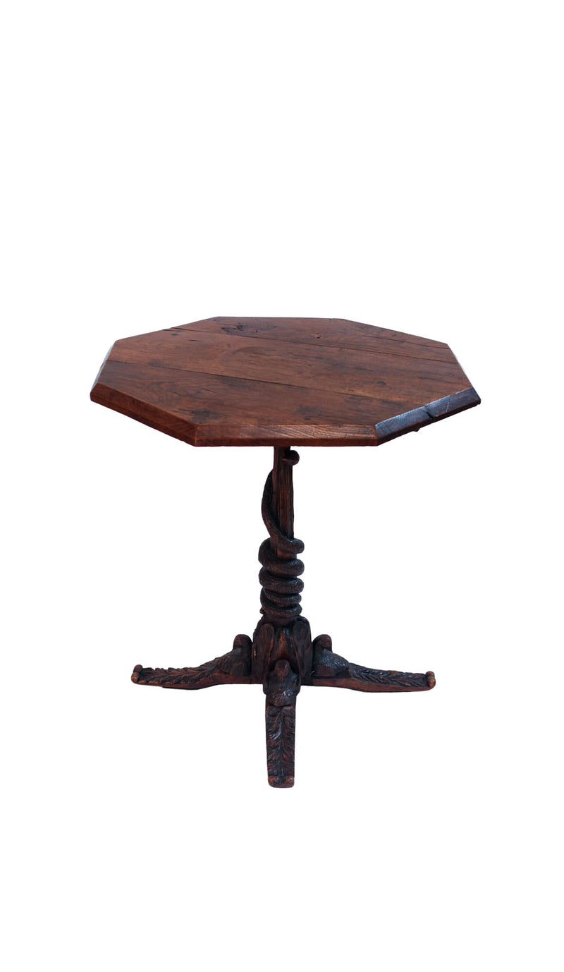 Rare Black Forest Carved Oak Occasional Table with Serpent Pedestal