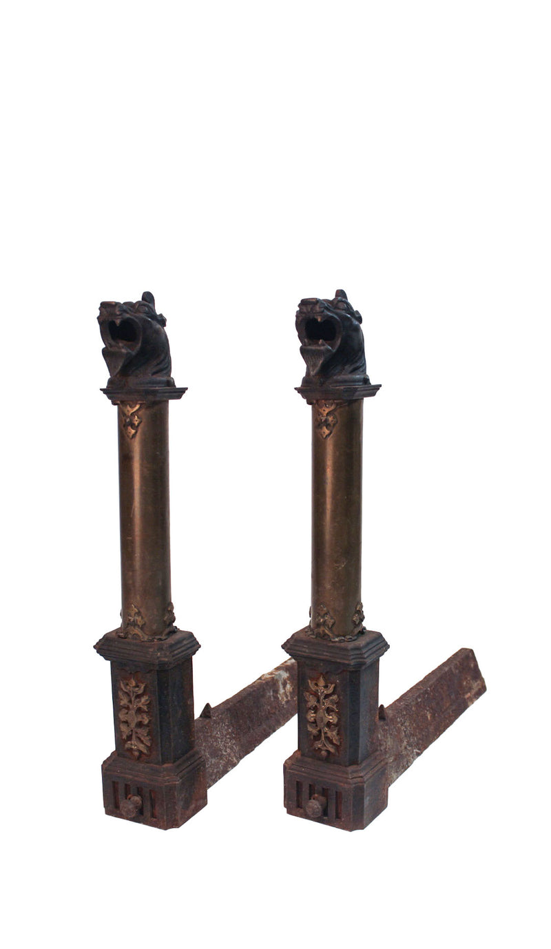 The Fire Breathers: Pair of French Gothic Revival Dragon Head Andirons
