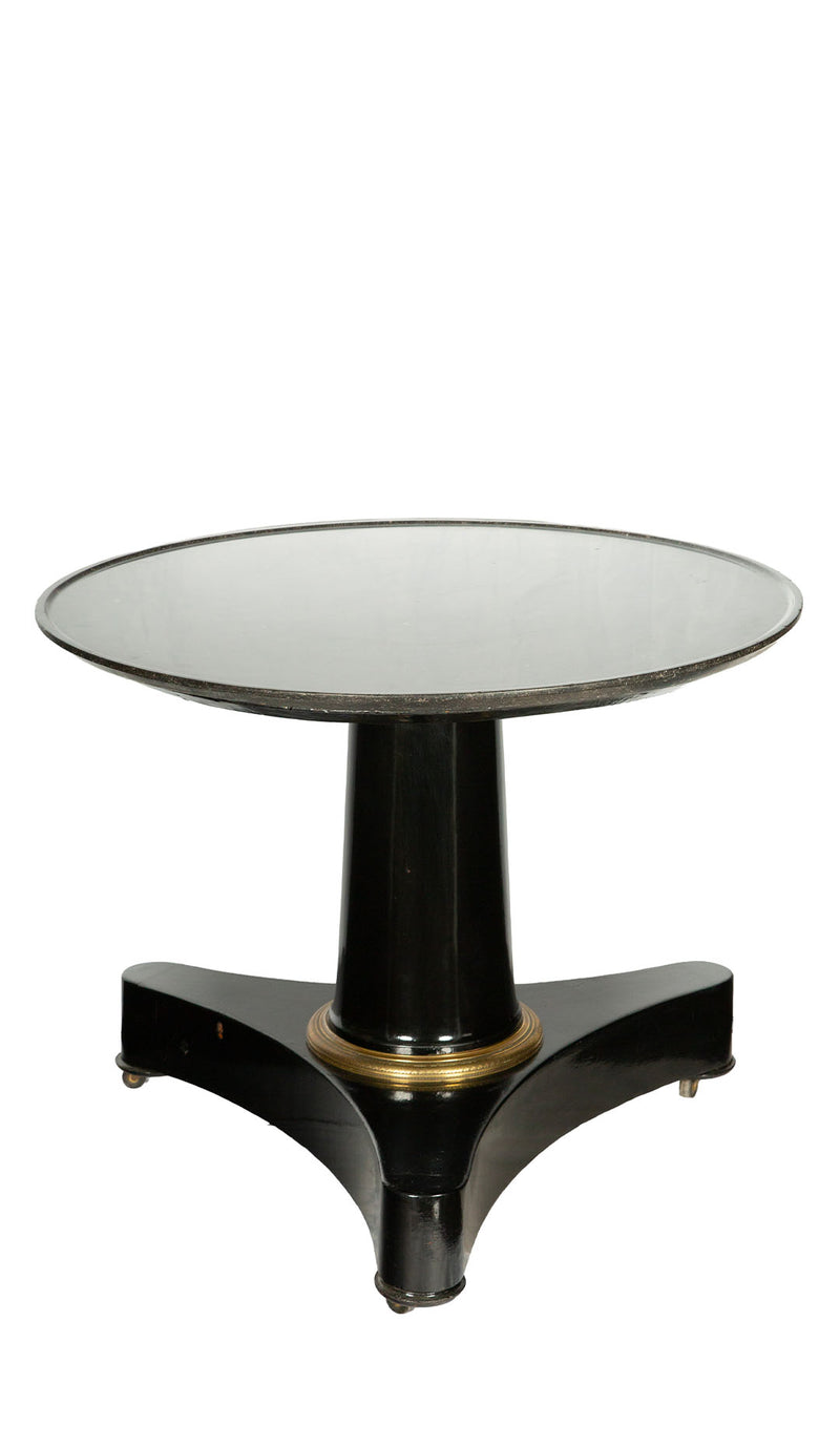 19th-C. Black Lacquer Pedestal Table w Fossil Stone Top and Gilt-Bronze Elements