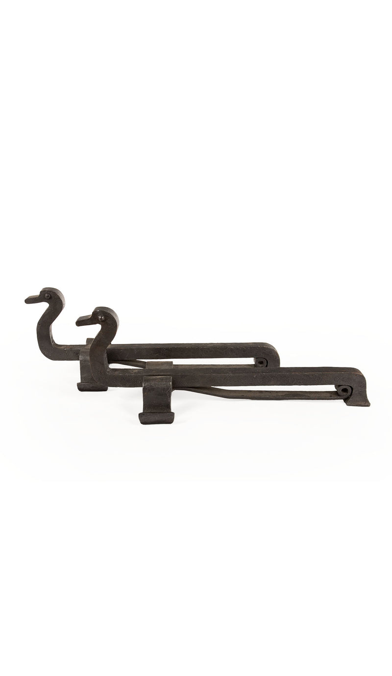 Exquisite Pair of French Duck-Shaped Andirons in Hand-Forged Iron