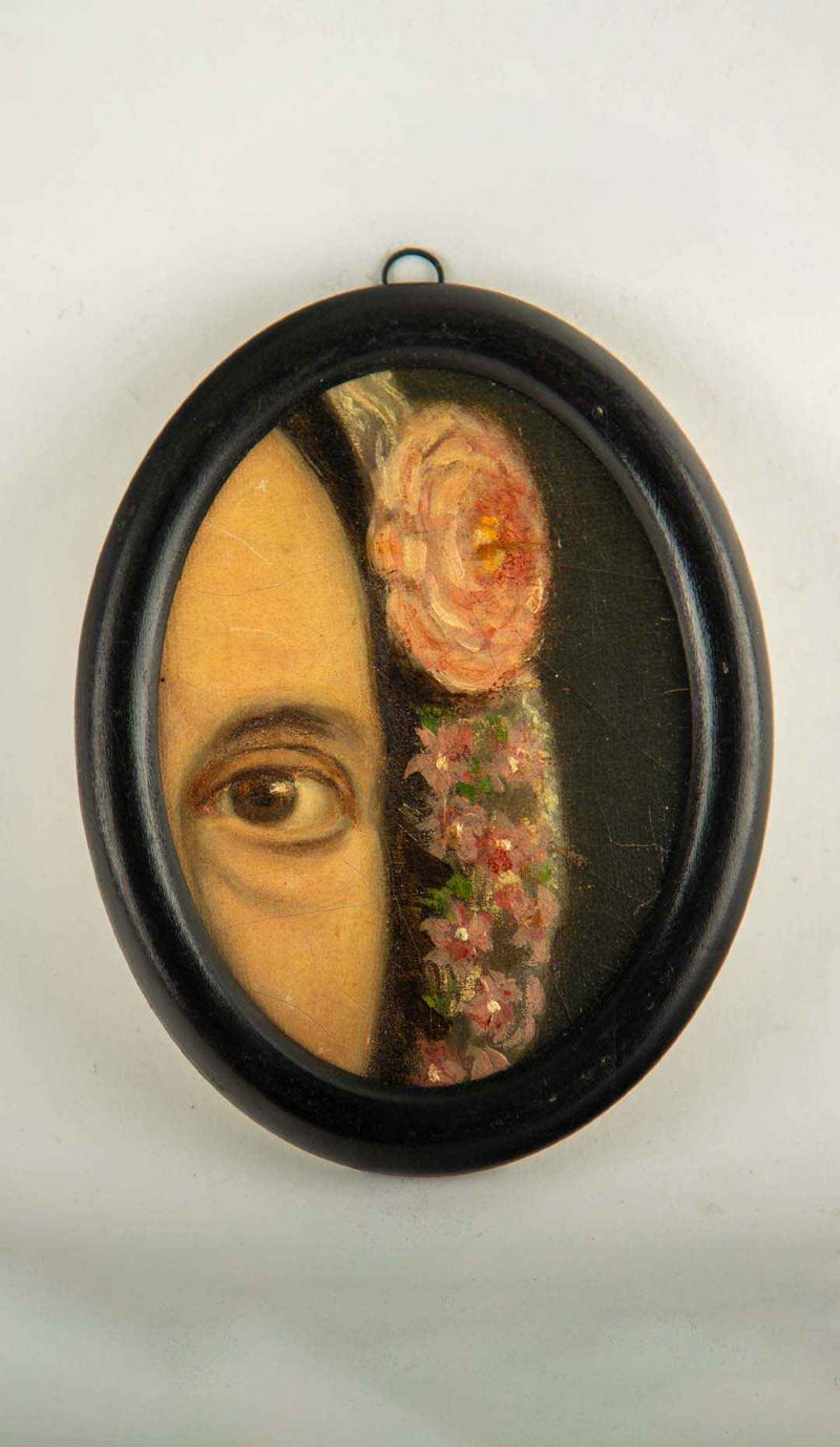 19th-Century Lover's Eye Fragment with Floral Headdress in an Ebonized Frame