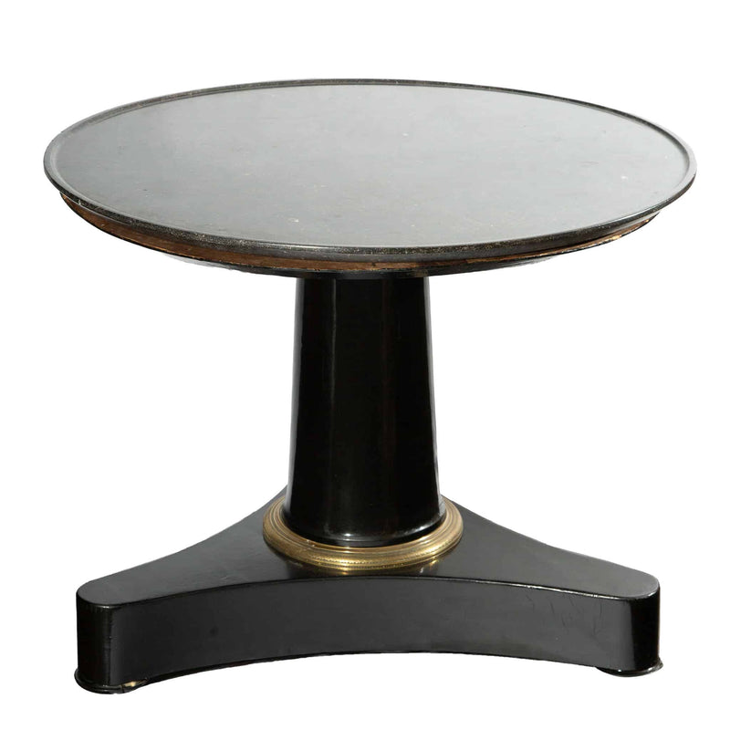 19th-C. Black Lacquer Pedestal Table w Fossil Stone Top and Gilt-Bronze Elements