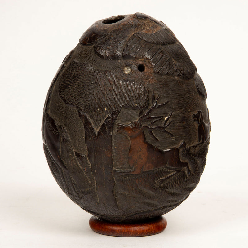 Hunting Tales: Rare 19th-Century French Colonial Carved Coconut Bugbear Flask