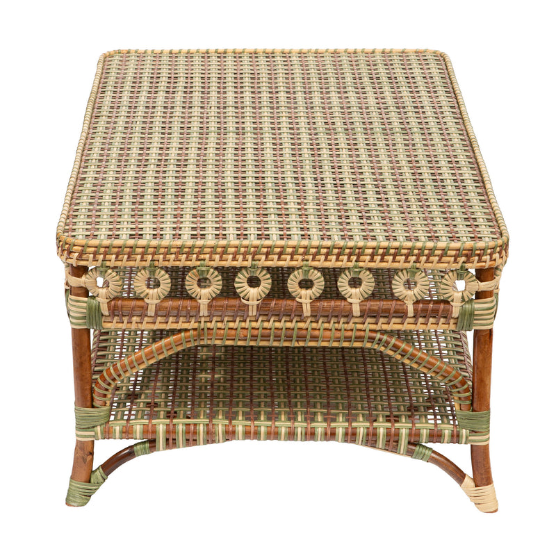 Green and Tan Rattan Rectangular Coffee Table