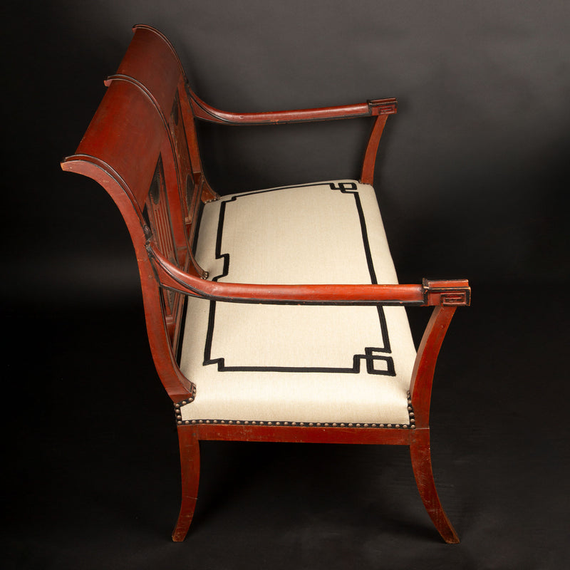 Directoire Period Oxblood Salon Suite w/ Saber Legs and Scrolled Backs, Late 18C