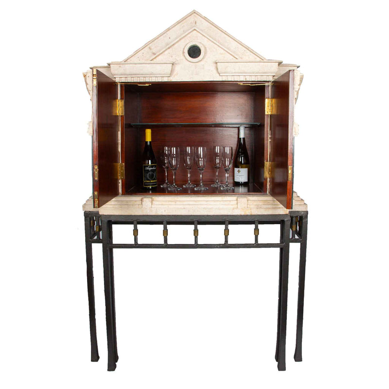 Monumental Fossil Stone and Black Marble Bar - Cabinet with Brass and Iron Base