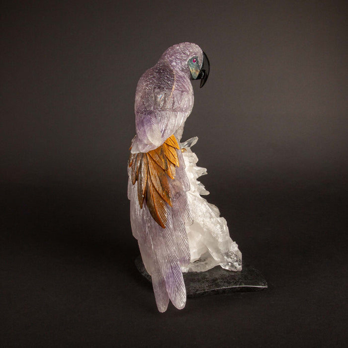 Carved Amethyst Parrot Mounted on an Rock Crystal Cluster 10.5"H
