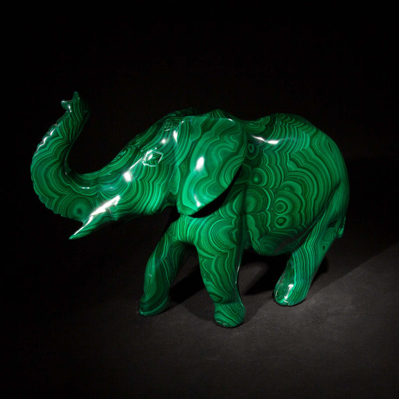 Large Carved Malachite Elephant, 12"