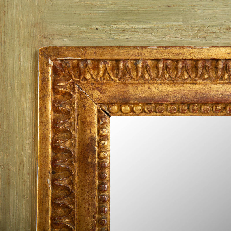 Antique French Trumeau Mirror, Early 20th C, Green-Painted with Giltwood Trophy