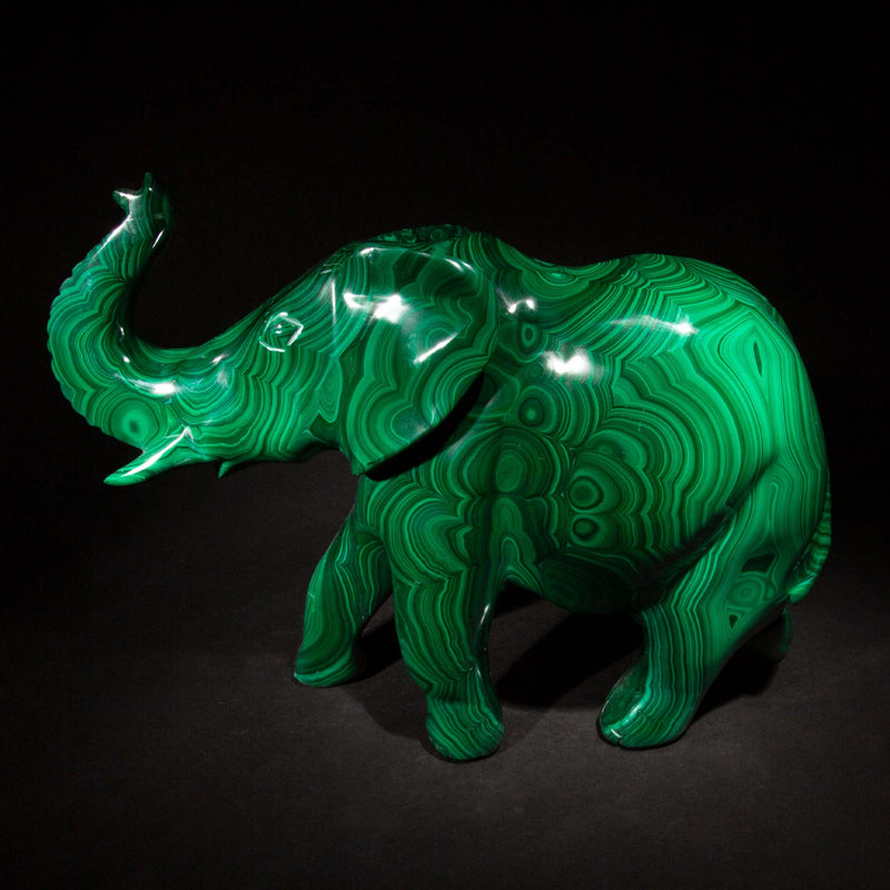 Large Carved Malachite Elephant, 12"