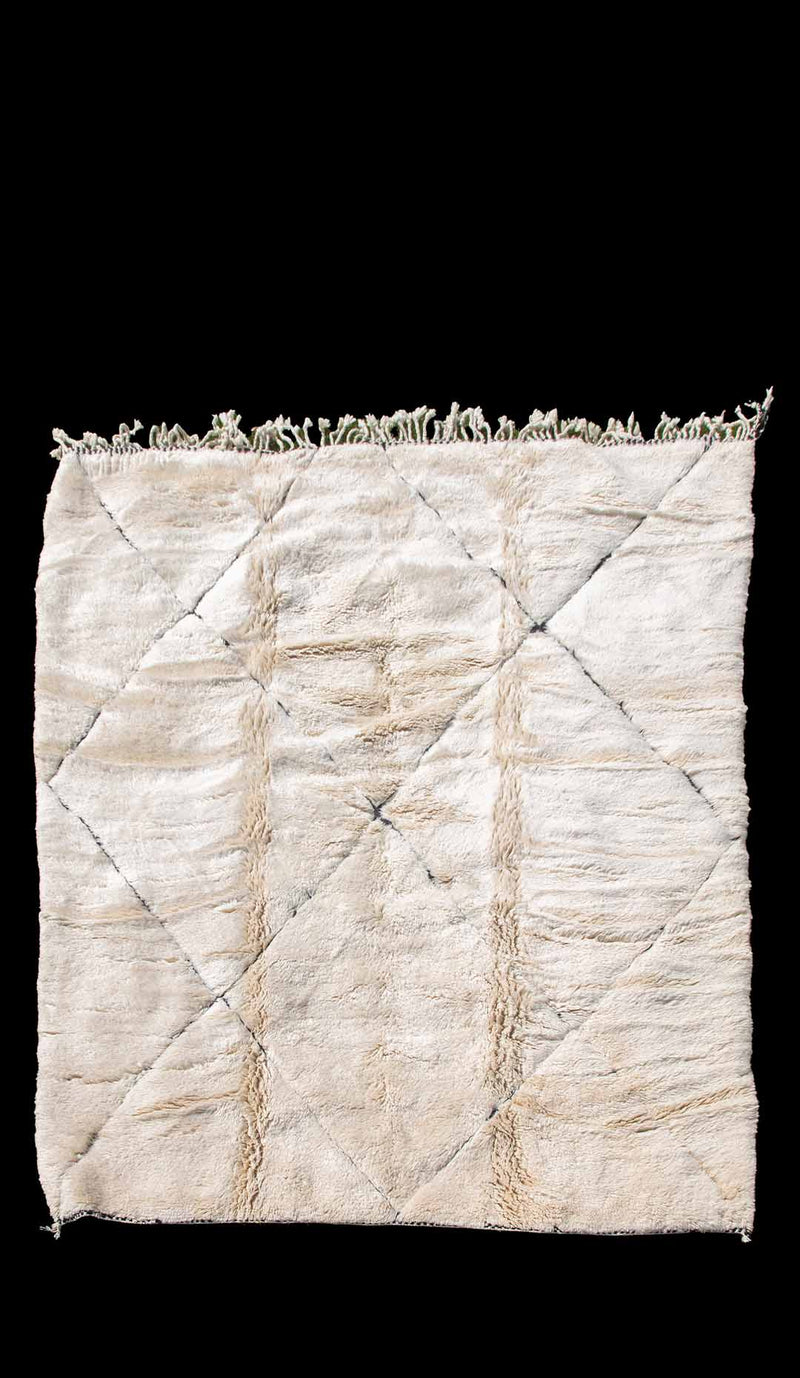 Hand Crafted Cream and Black Diamond Geometric Moroccan Wool Rug, 98.5" x 117"