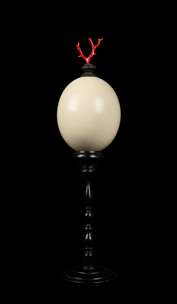 Mounted Ostrich Egg, Tall with Coral Finial, 18.5" H