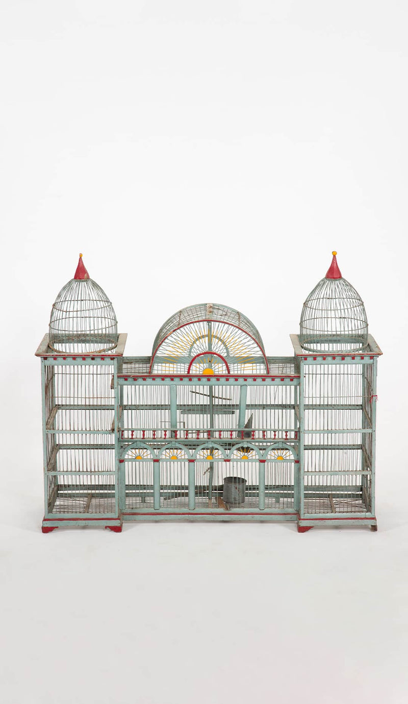 The Bird Palace: Late 19th Century Bird Cage Painted Grey with Red Accents