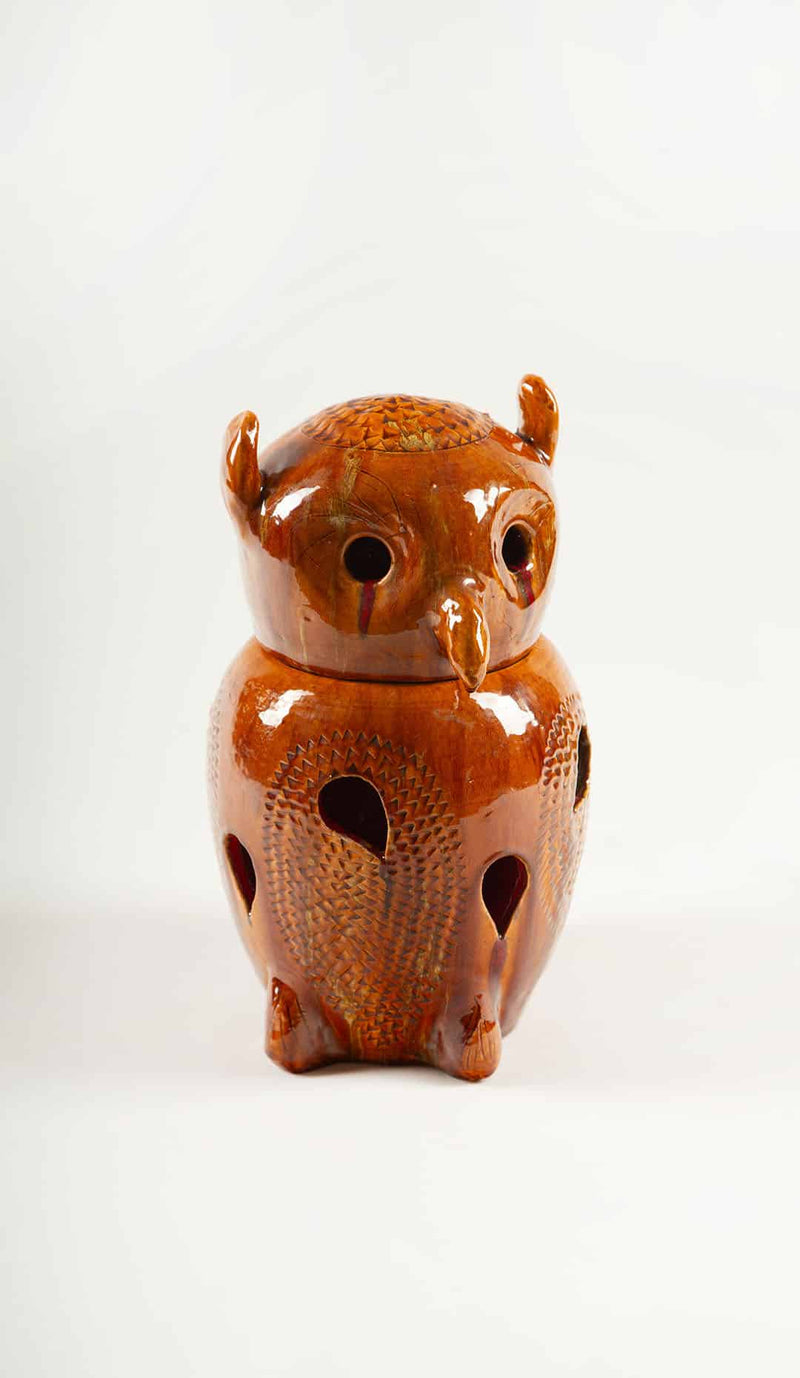 Mid-Century French Glazed Ceramic Owl Lamp