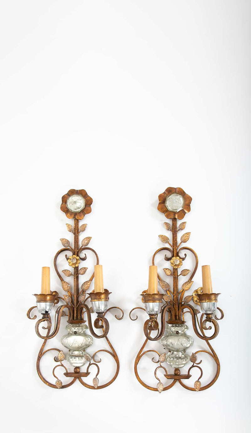 Pair of Floral Gilt Metal and Crystal Wall Sconces, Attributed to Maison Baguès