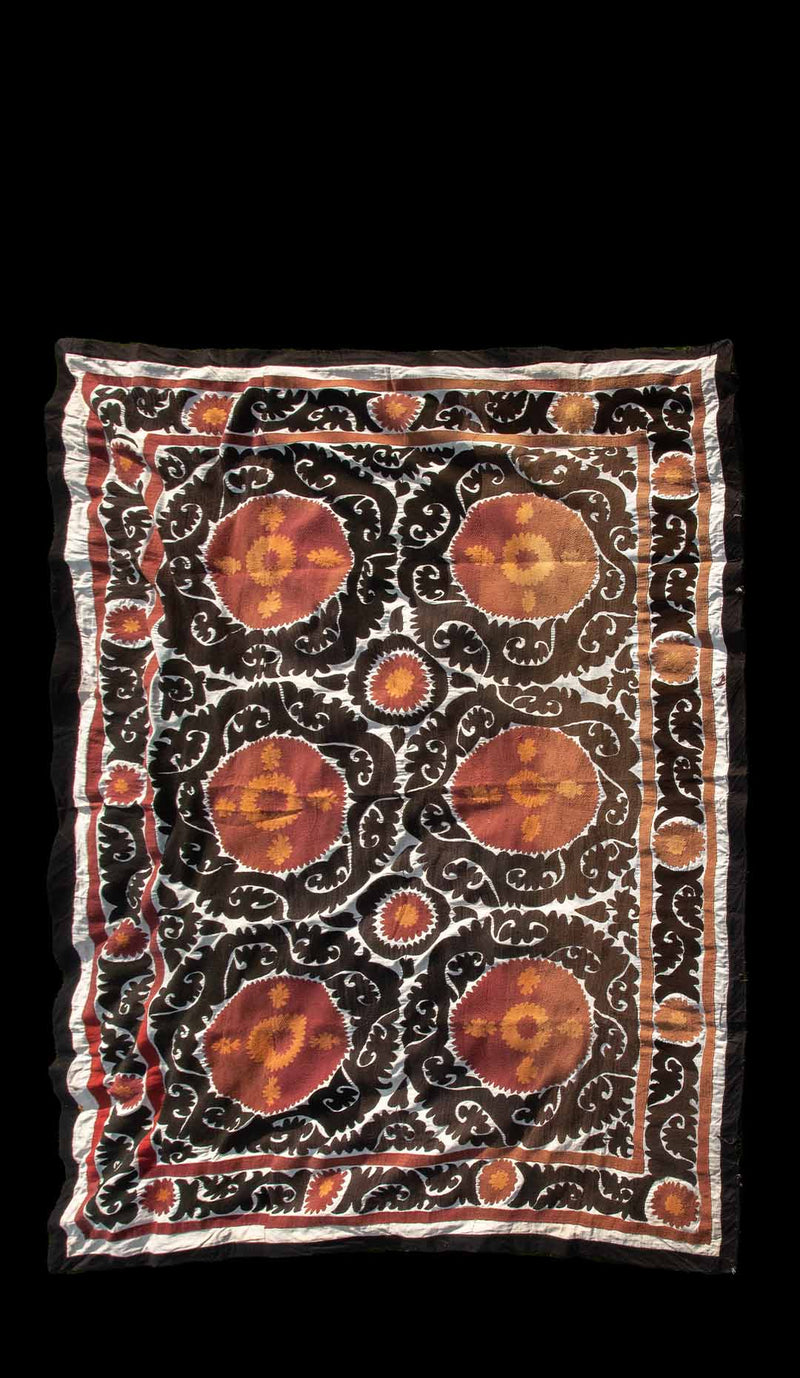 Handmade Vintage Cotton Suzani, Orange, and Charcoal