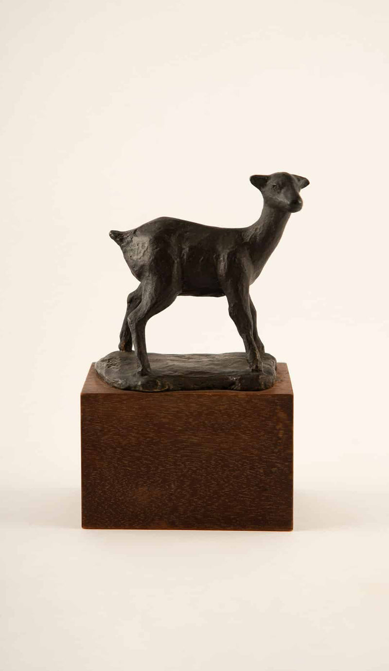 20th C Antique Bronze Baby Goat on Wooden Plinth, Signed KEN