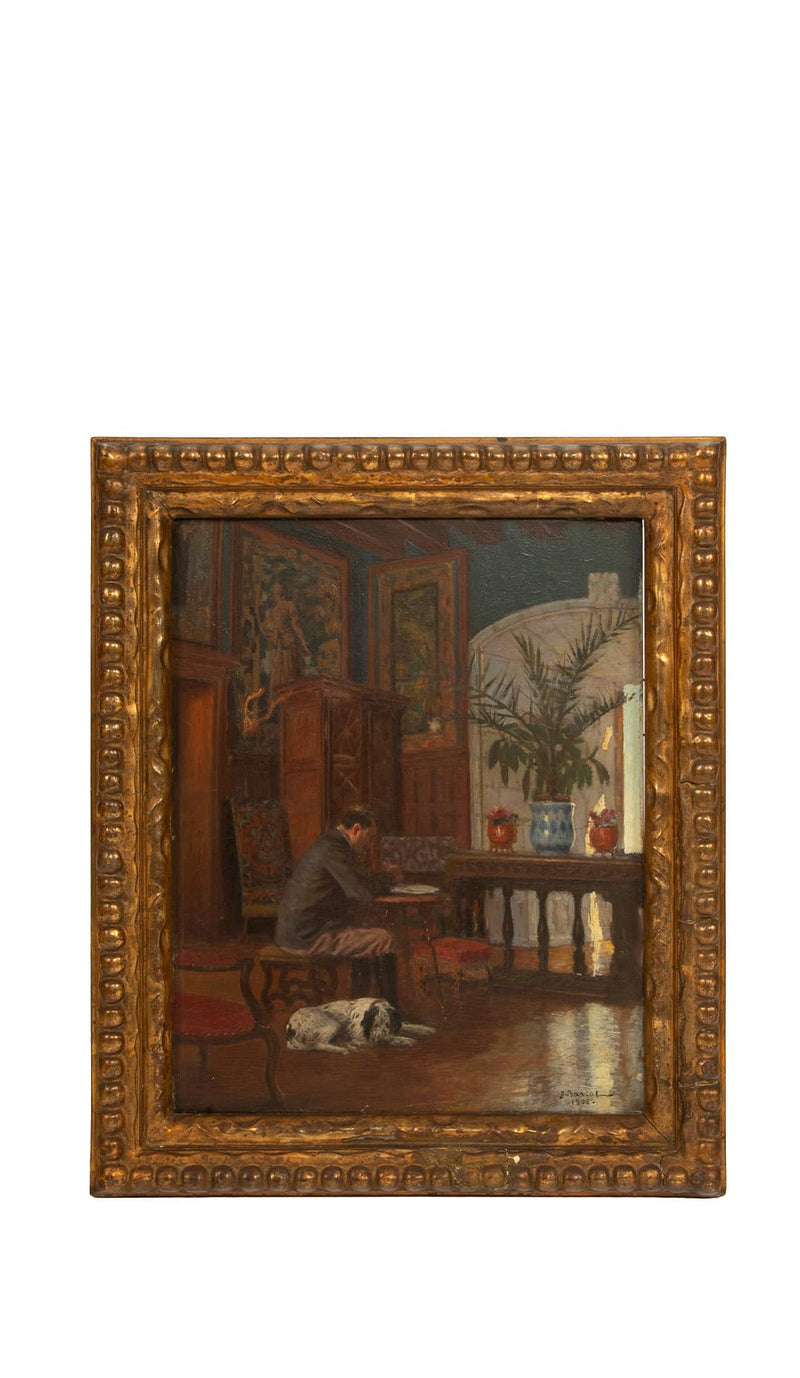 At Work: 1905 Painting of a Writer and His Dog in a Chic Salon, Signed J. Barcal