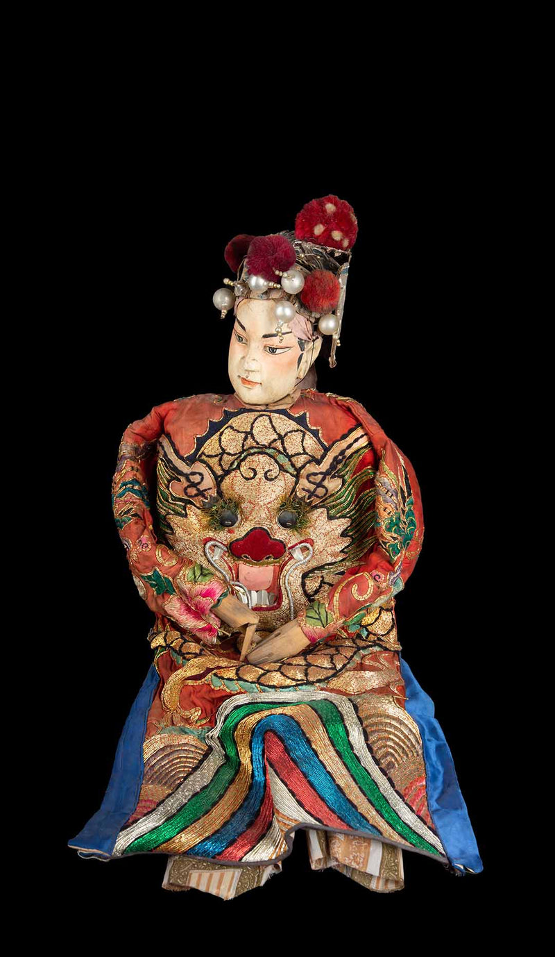 Chinese Opera Theatre Marionette, Red Silk Robe, Pink Pom Poms
