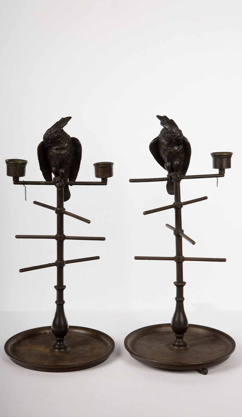 Whimsical 19th Century Parakeet Perch Inkwell Candlesticks: Ink 'n' Perch Delight!