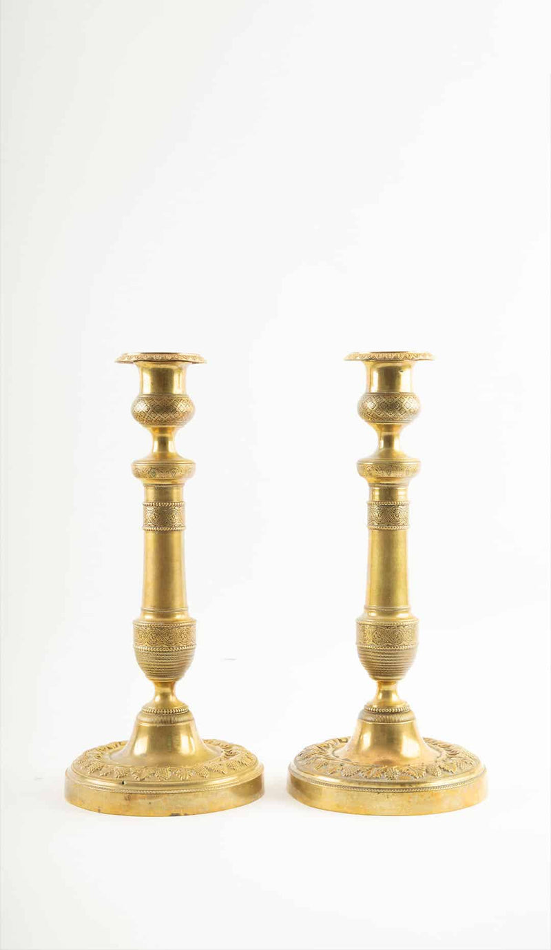 Pair of 19th-C French Gilt Bronze Candlesticks w/ Grape and Vine Decoration