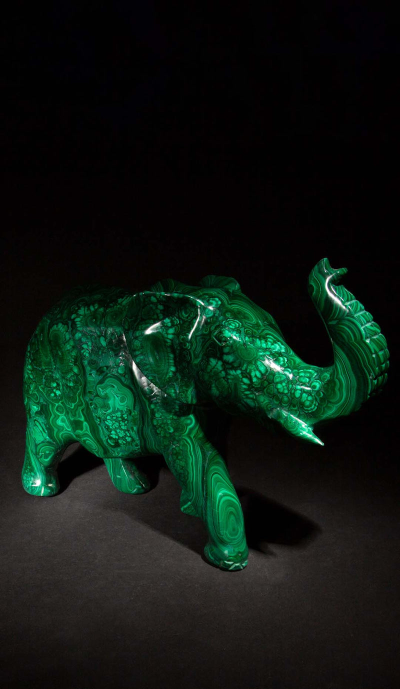 Large Carved Malachite Elephant, 12"