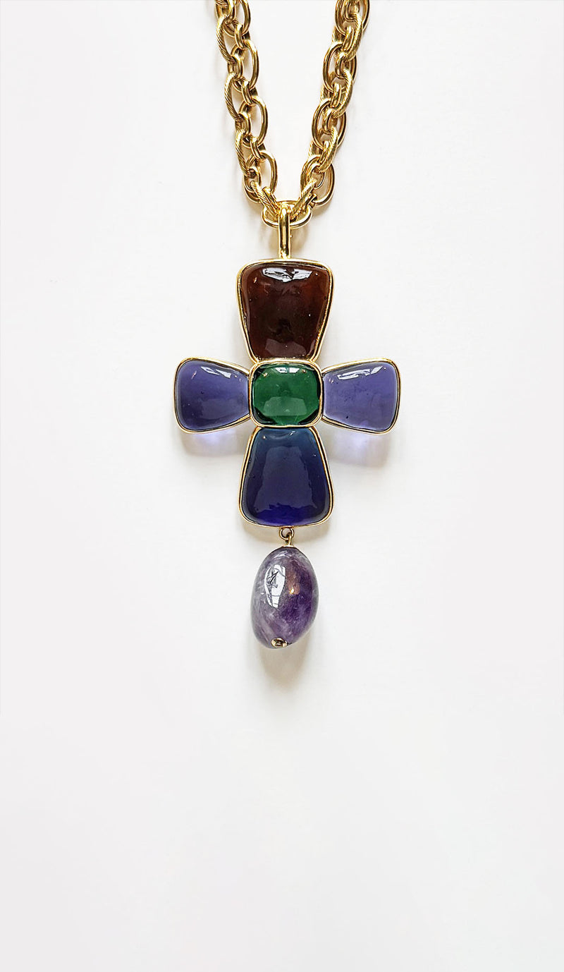 Loulou De La Falaise Trapeze Cross Pendant, Blue