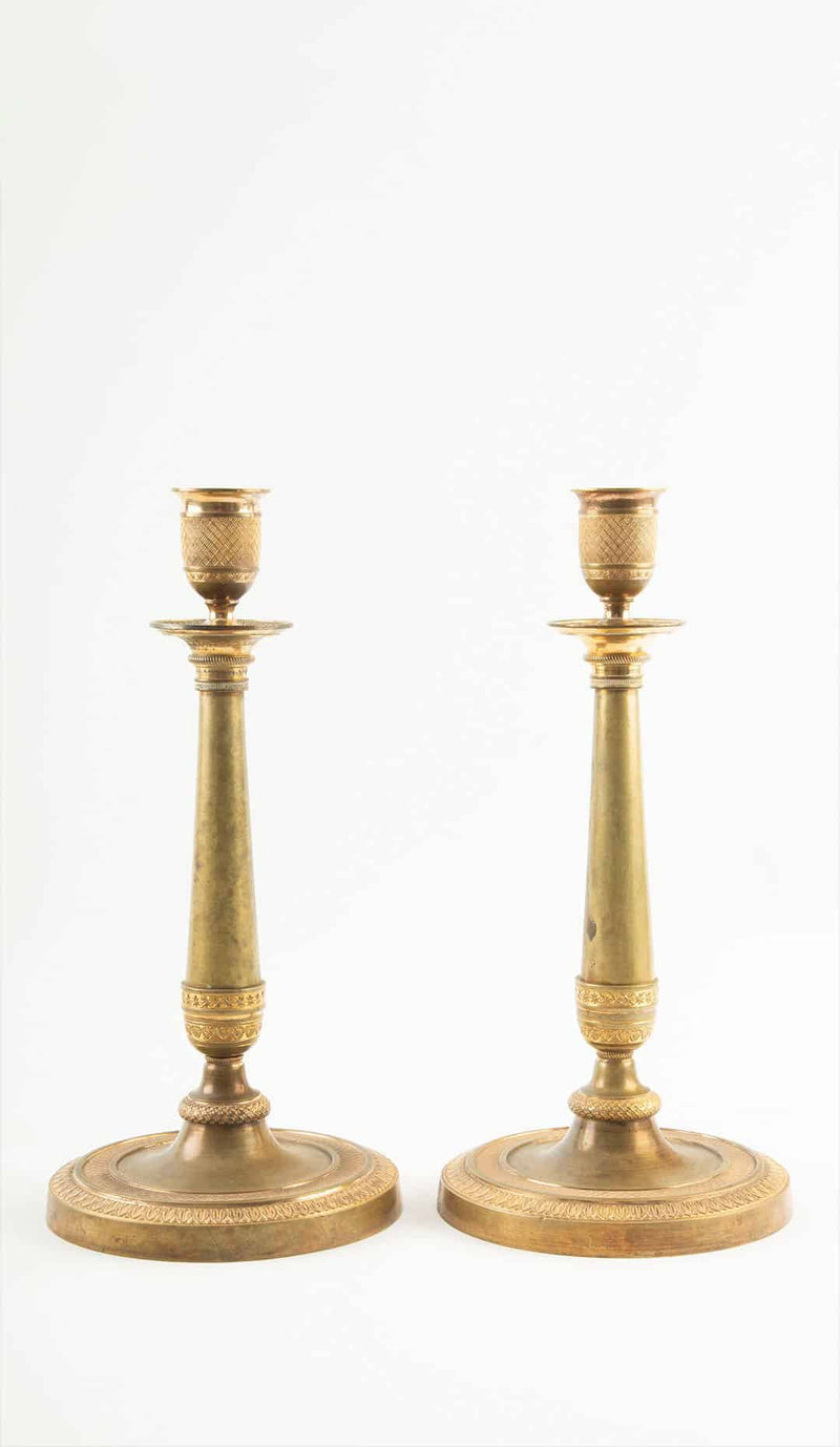 Pair of French Empire Period Gilt Bronze Candlesticks with Guilloché Decoration