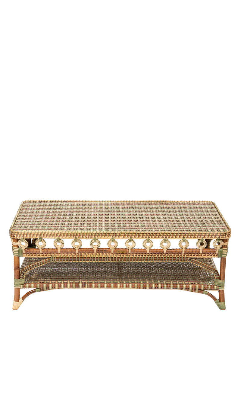 Green and Tan Rattan Rectangular Coffee Table