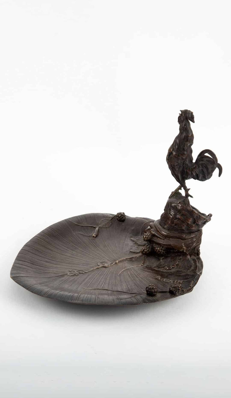 French Bronze Vide-Poche with Rooster by Auguste Cain, 19th Century