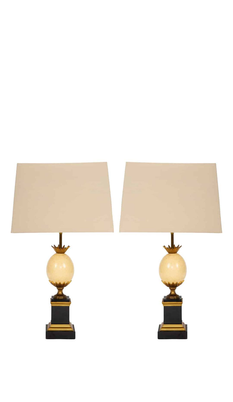 Maison Charles–Attributed Pair of Gilt Metal and Ostrich Egg Table Lamps