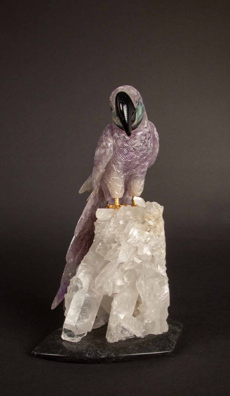 Carved Amethyst Parrot Mounted on an Rock Crystal Cluster 10.5"H