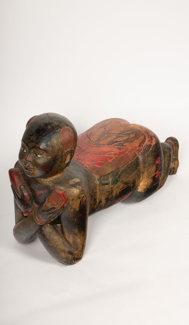 Temple Guardian in Repose: Thai Carved Ceremonial Figure